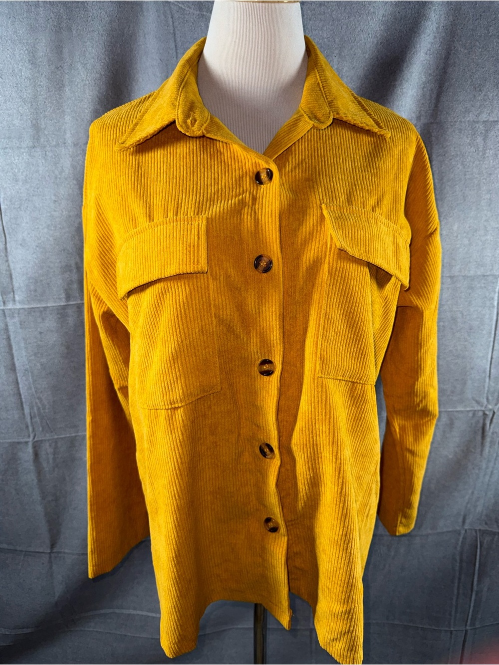 2905-Mustard Yellow Corduroy Button-Front Shirt Jacket